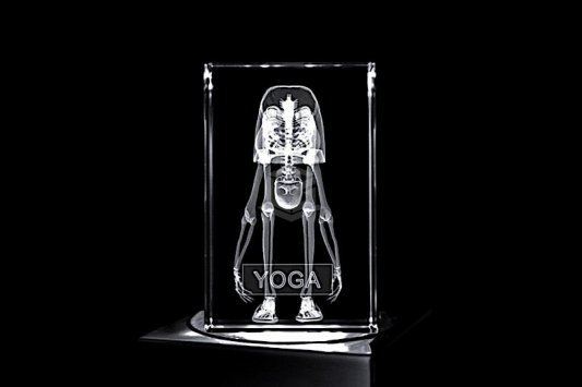 Yoga Skelett mit Text / Logo Schild | 2D/3D Motiv Glasinnengravur