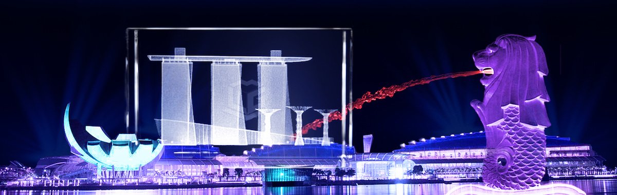 Singapur >Marina Bay Sands & Gardens by the Bay< / Sehenswürdigkeiten - Weltweit | 2D/3D Motiv Glasinnengravur
